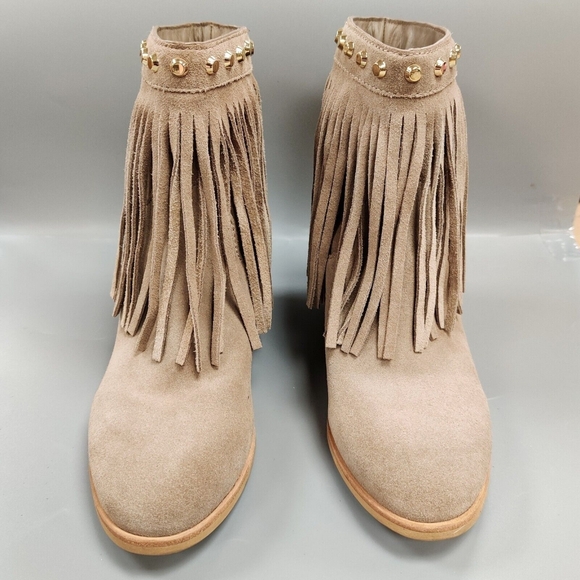 MICHAEL MICHAEL KORS Billy Fringed Ankle Boot Studded Suede Bootie Neutral 6 - Picture 7 of 14